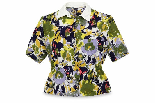 Front view of Canda women’s multicoloured geometric viscose basic button-up, size UK 16, collared - peplum
