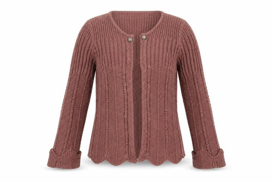 Front view of Alexara women’s pink round neck acrylic cardigan jumper, size M, - open