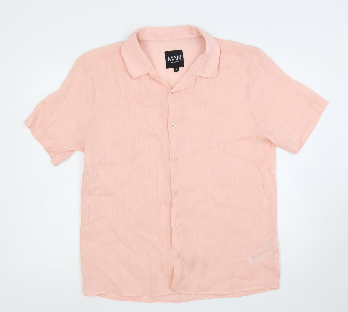 Additional front view of boohooMAN men’s pink viscose button-up, size L, collared button