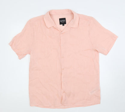 Additional front view of boohooMAN men’s pink viscose button-up, size L, collared button
