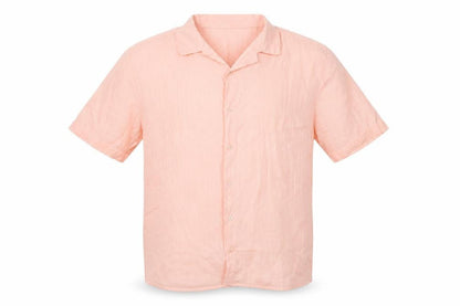 Front view of boohooMAN men’s pink viscose button-up, size L, collared button