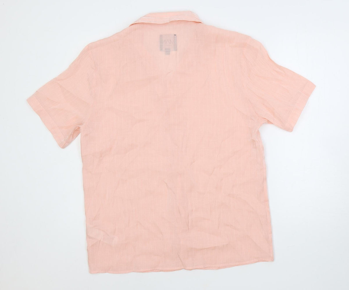 Back view of boohooMAN men’s pink viscose button-up, size L, collared button