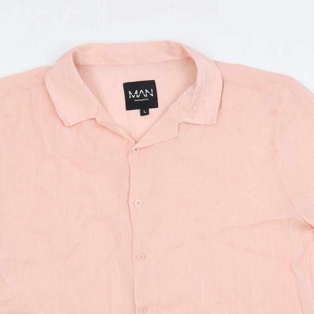 Close-up detail of boohooMAN men’s pink viscose button-up, size L, collared button
