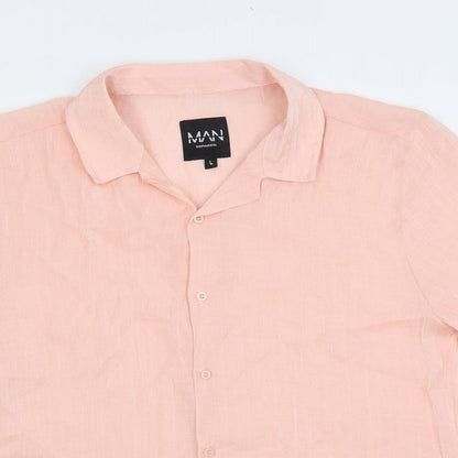 Close-up detail of boohooMAN men’s pink viscose button-up, size L, collared button