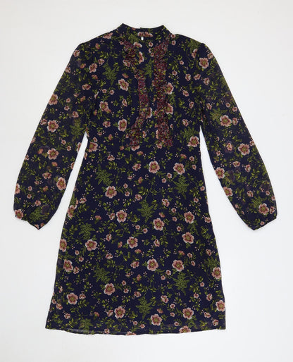Marks and Spencer Womens Blue Floral Polyester A-Line Size 8 Mock Neck Button