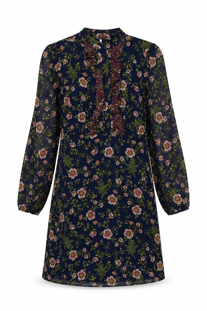 Marks and Spencer Womens Blue Floral Polyester A-Line Size 8 Mock Neck Button