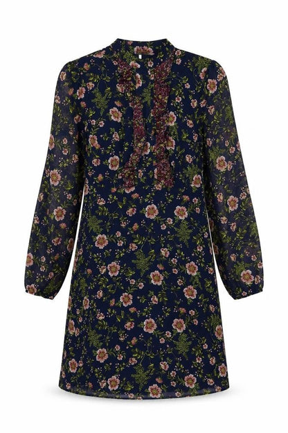 Marks and Spencer Womens Blue Floral Polyester A-Line Size 8 Mock Neck Button