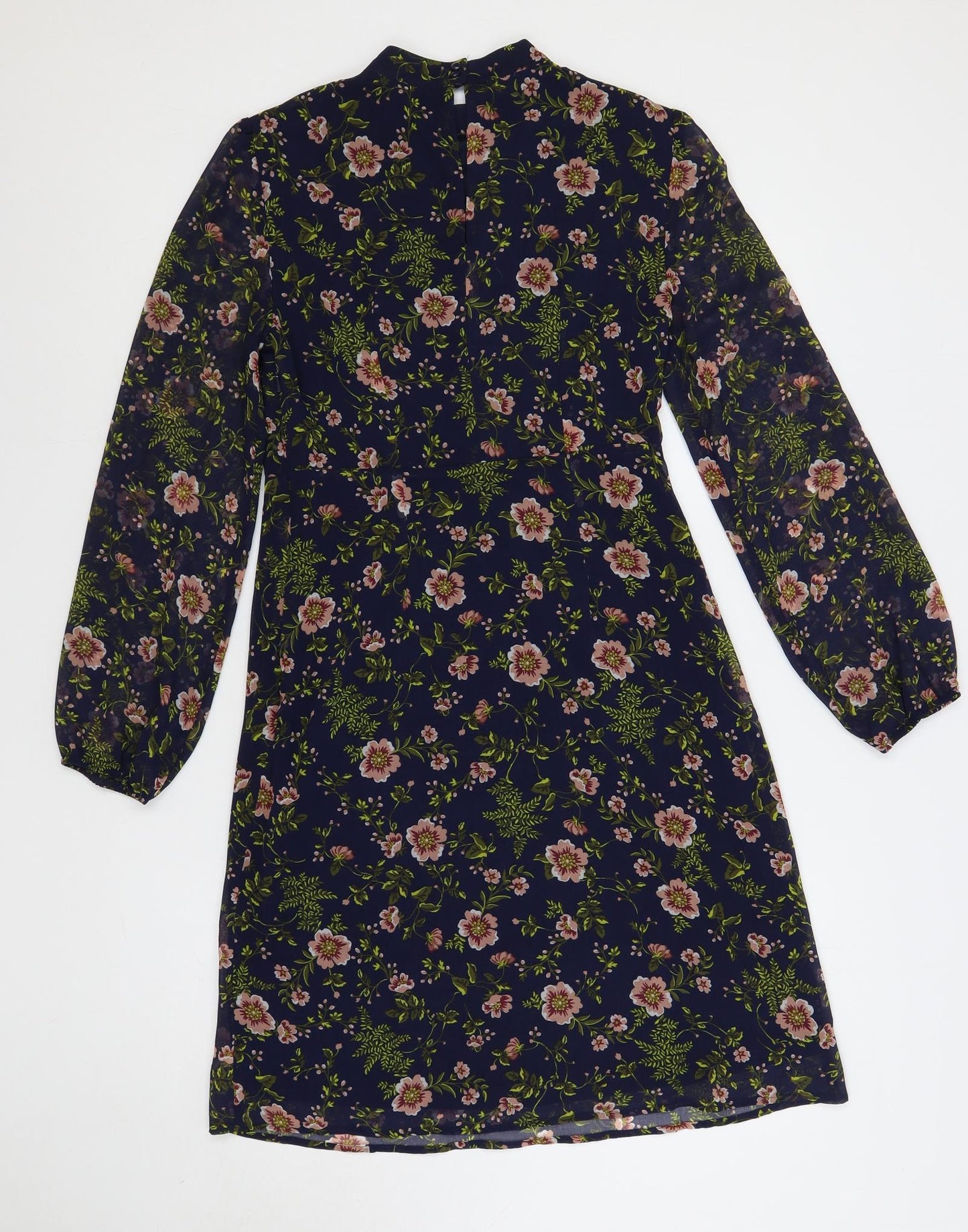 Marks and Spencer Womens Blue Floral Polyester A-Line Size 8 Mock Neck Button