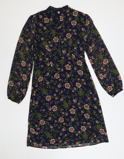 Marks and Spencer Womens Blue Floral Polyester A-Line Size 8 Mock Neck Button