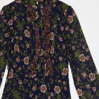 Marks and Spencer Womens Blue Floral Polyester A-Line Size 8 Mock Neck Button