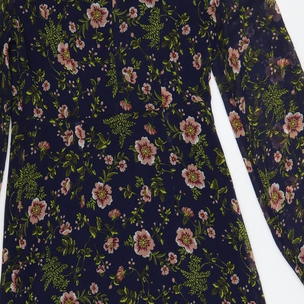 Marks and Spencer Womens Blue Floral Polyester A-Line Size 8 Mock Neck Button