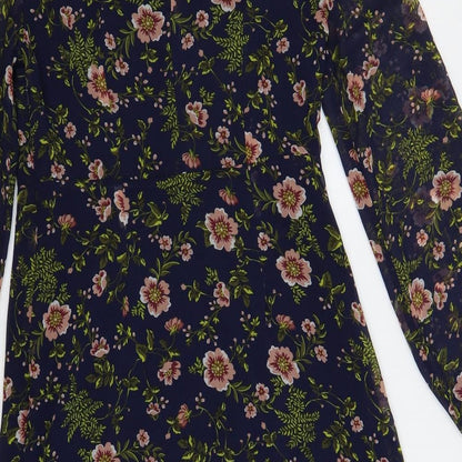 Marks and Spencer Womens Blue Floral Polyester A-Line Size 8 Mock Neck Button