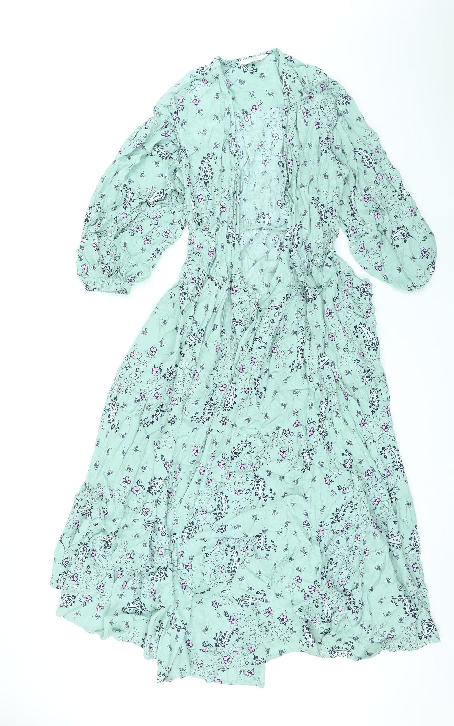 Per Una Womens Green Floral Viscose Kaftan Size 8 V-Neck Button
