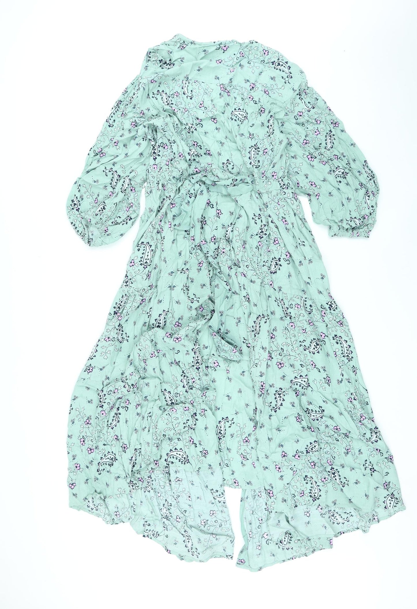 Per Una Womens Green Floral Viscose Kaftan Size 8 V-Neck Button