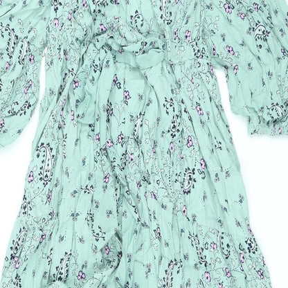 Per Una Womens Green Floral Viscose Kaftan Size 8 V-Neck Button