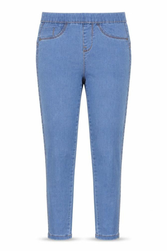 Front view of Denim & Co. women’s blue cotton jegging jeans, size UK 8, 26-inch leg relaxed