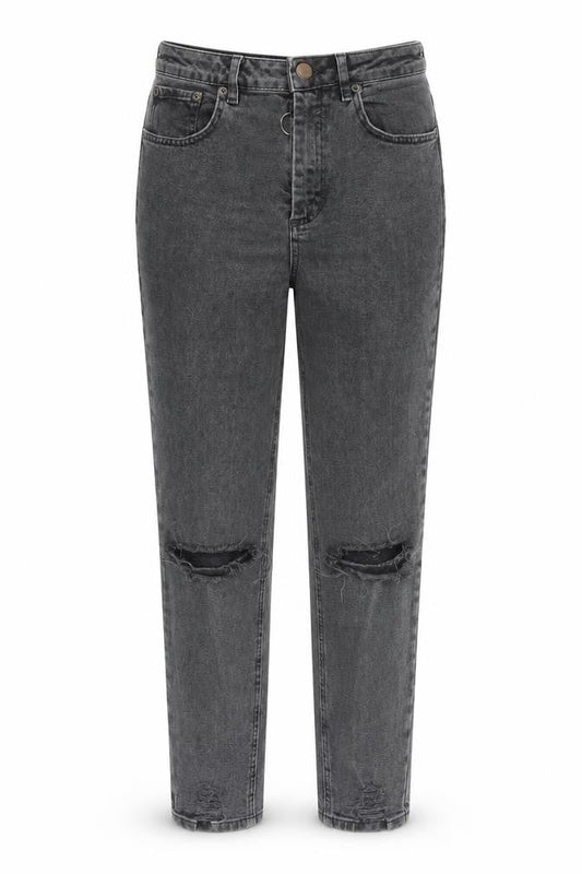 Front view of ASOS women’s grey cotton straight jeans, size UK 28, in, 32-inch leg regular zip