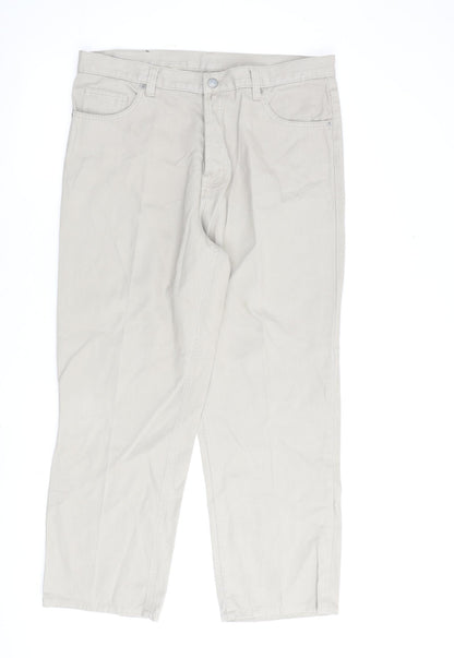 Blue Retro Mens Beige Cotton Straight Jeans Size 36 in L30 in Regular Button