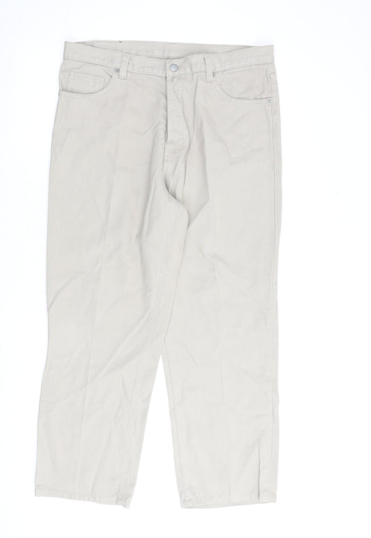 Blue Retro Mens Beige Cotton Straight Jeans Size 36 in L30 in Regular Button