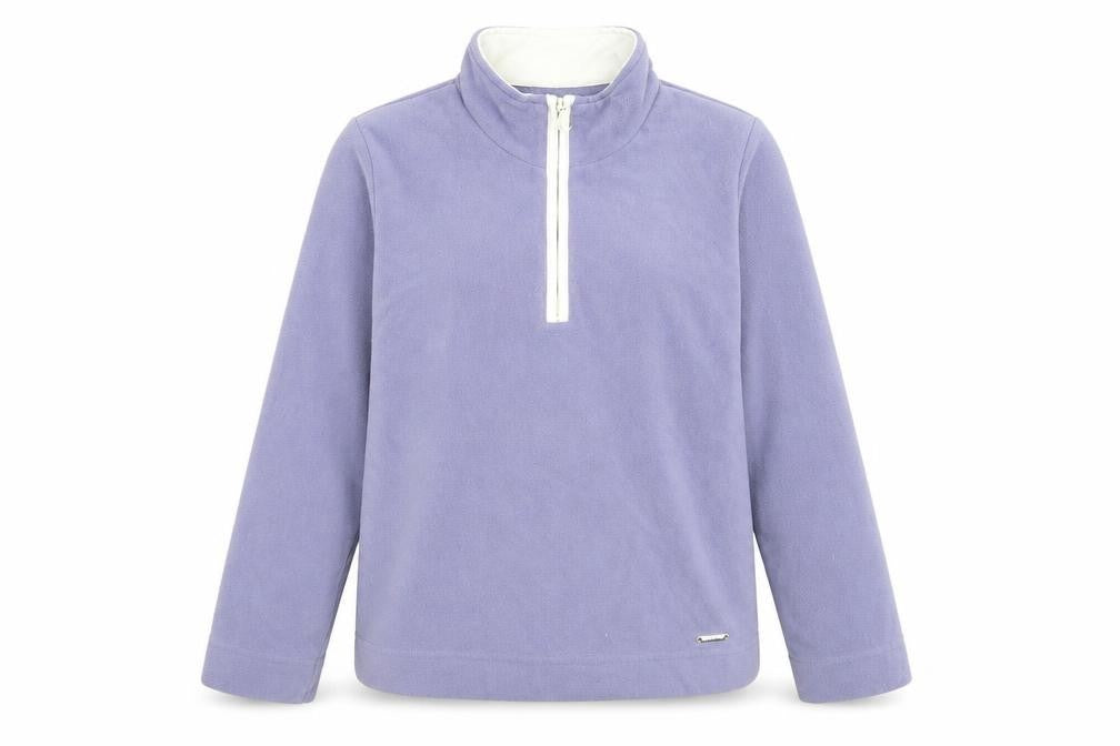 Front view of Active women’s purple polyester pullover sweatshirt, size UK 10, zip