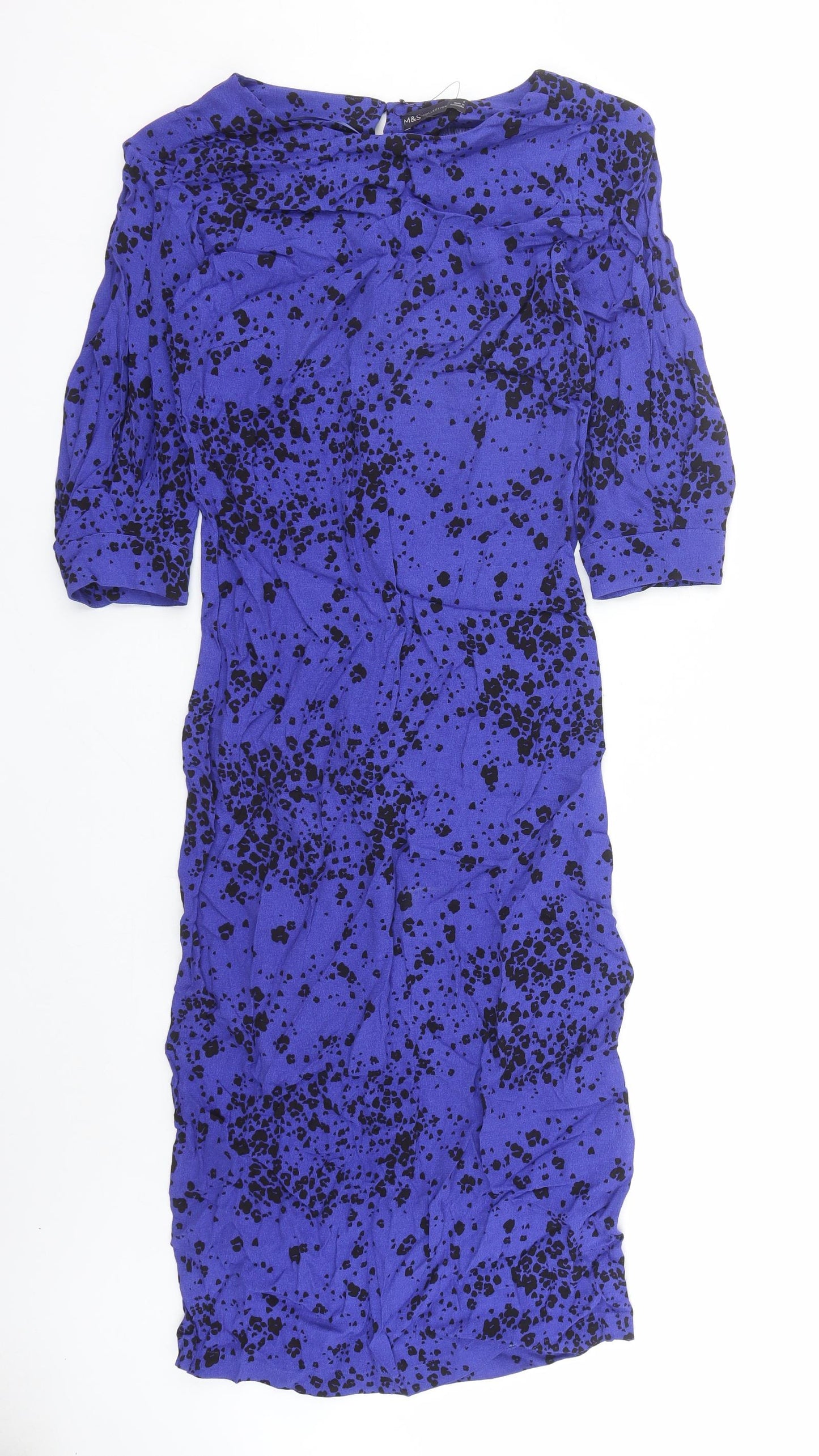Marks and Spencer Womens Blue Animal Print Viscose A-Line Size 6 Round Neck Zip - Leopard Pattern