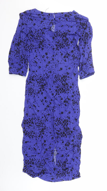 Marks and Spencer Womens Blue Animal Print Viscose A-Line Size 6 Round Neck Zip - Leopard Pattern