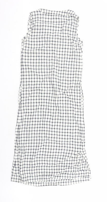 Marks and Spencer Womens White Check Flax A-Line Size 6 V-Neck Zip