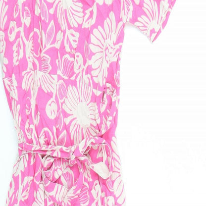 Marks and Spencer Womens Pink Floral Viscose Wrap Dress Size 6 Collared Tie