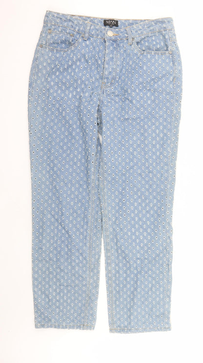 Boohoo Mens Blue Geometric Cotton Straight Jeans Size 32 in L29 in Regular Button