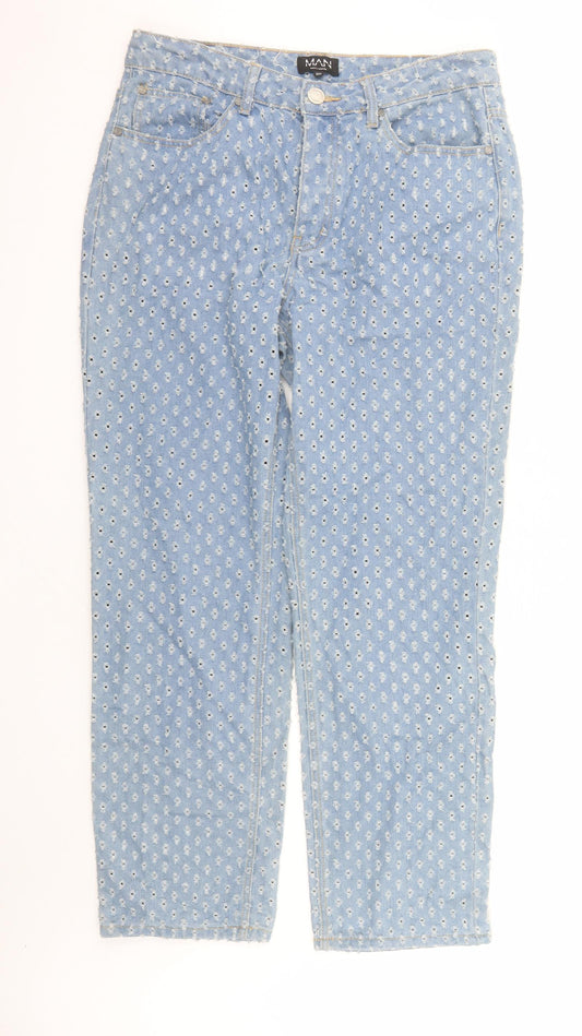 Boohoo Mens Blue Geometric Cotton Straight Jeans Size 32 in L29 in Regular Button