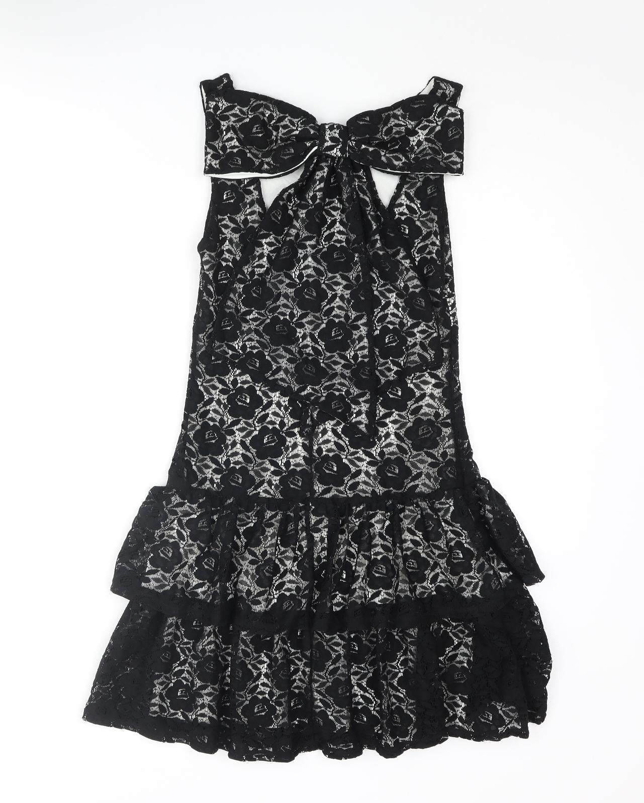 Miss Selfridge Womens Black Polyester Fit & Flare Size 6 Scoop Neck Pullover - Bow Frill