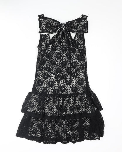 Miss Selfridge Womens Black Polyester Fit & Flare Size 6 Scoop Neck Pullover - Bow Frill