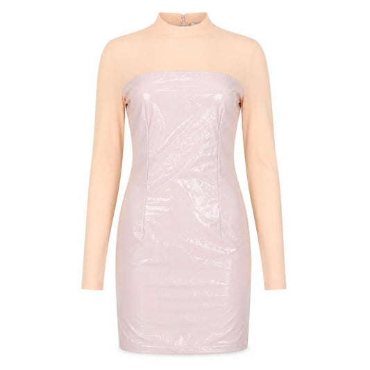 Front view of In the Style women’s pink polyurethane mini, size UK 8, mock neck zip