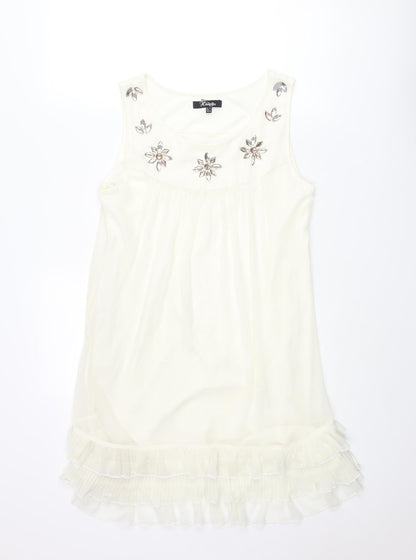 Heaven Womens Ivory Polyester Shift Size 14 Scoop Neck Pullover - Frill Rhinestone