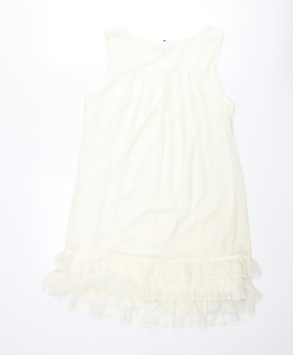 Heaven Womens Ivory Polyester Shift Size 14 Scoop Neck Pullover - Frill Rhinestone