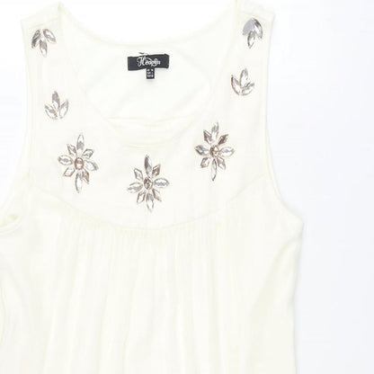 Heaven Womens Ivory Polyester Shift Size 14 Scoop Neck Pullover - Frill Rhinestone