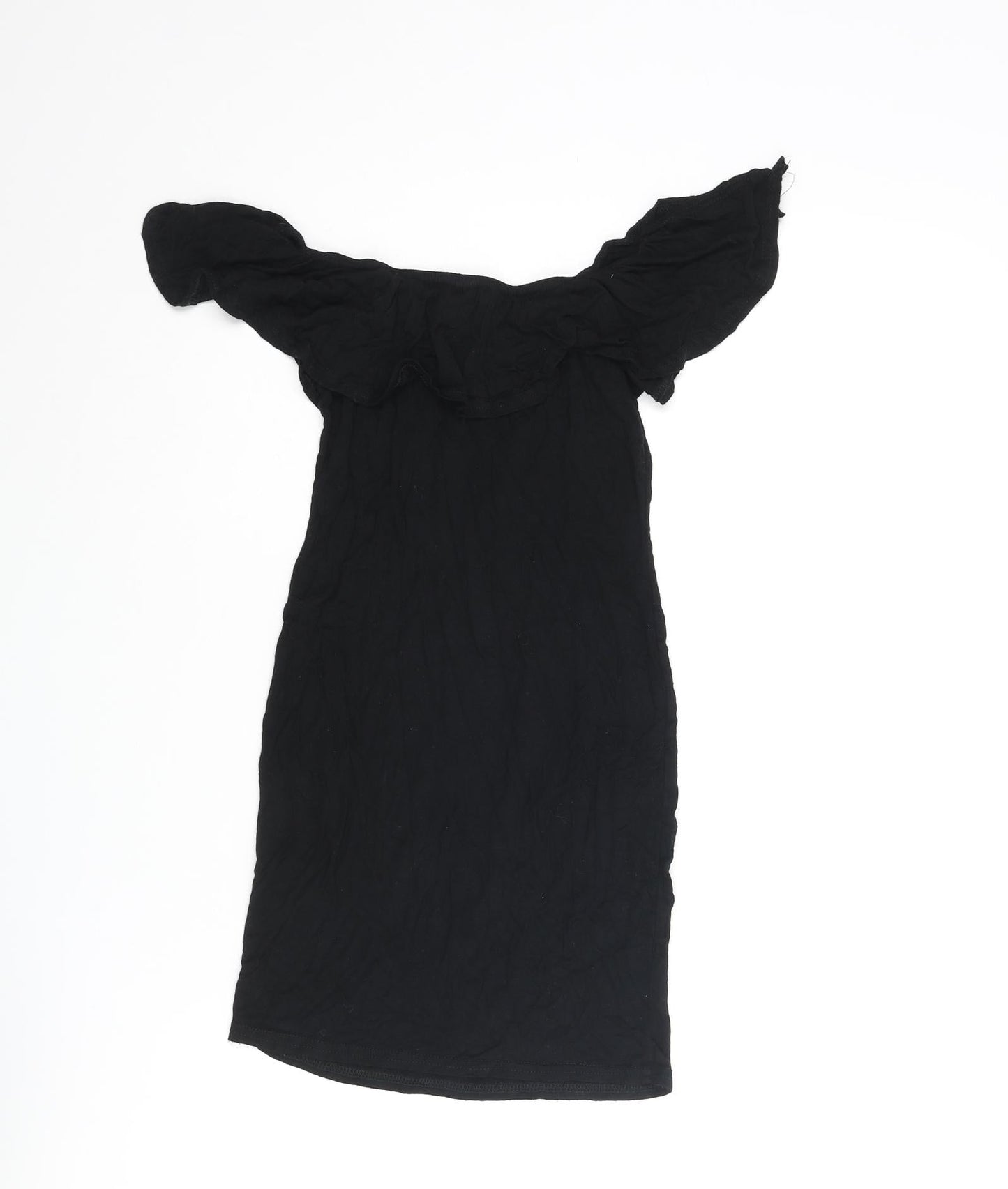 PRETTYLITTLETHING Womens Black Viscose Mini Size 4 Off the Shoulder Pullover - Frill