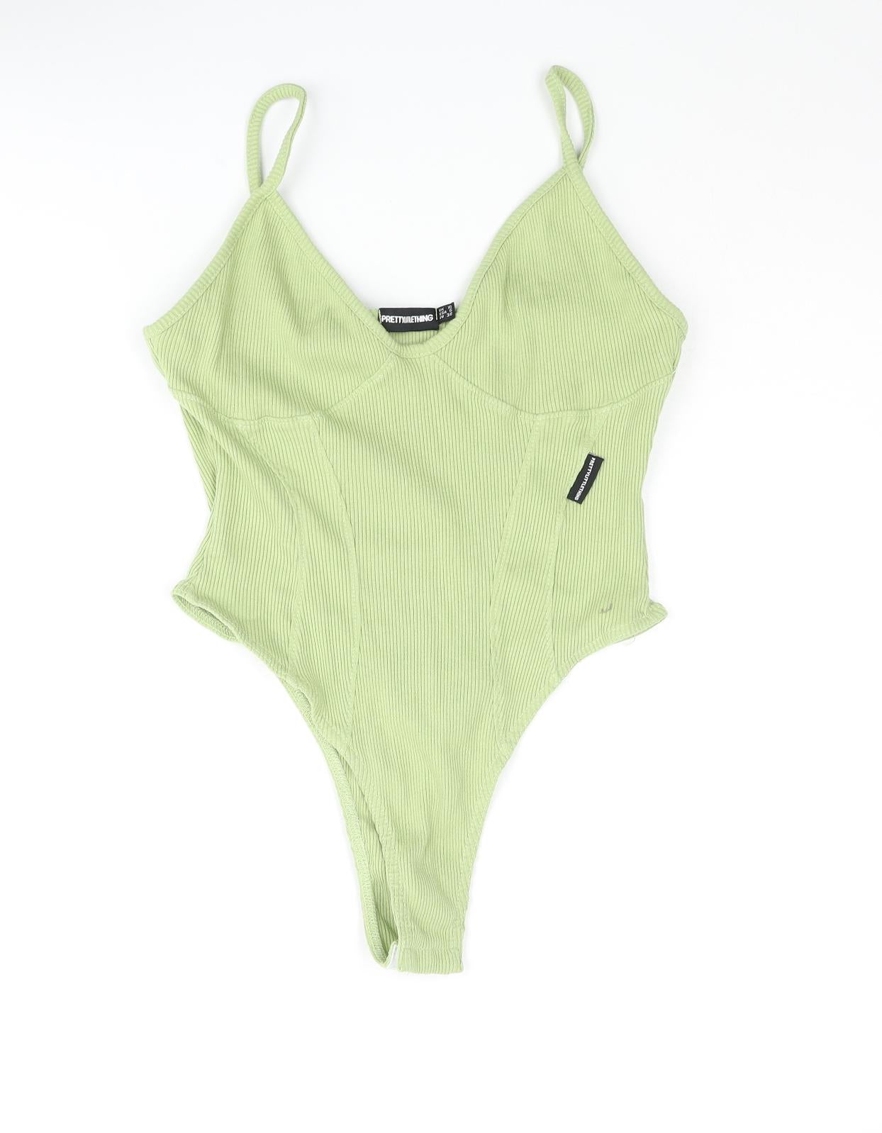 PRETTYLITTLETHING Womens Green Cotton Bodysuit One-Piece Size 10 Snap - Ribbed Logo