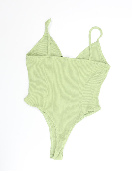 PRETTYLITTLETHING Womens Green Cotton Bodysuit One-Piece Size 10 Snap - Ribbed Logo