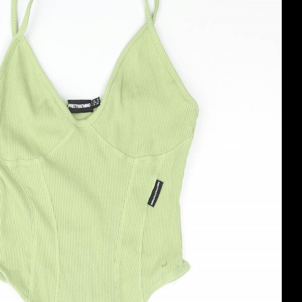 PRETTYLITTLETHING Womens Green Cotton Bodysuit One-Piece Size 10 Snap - Ribbed Logo