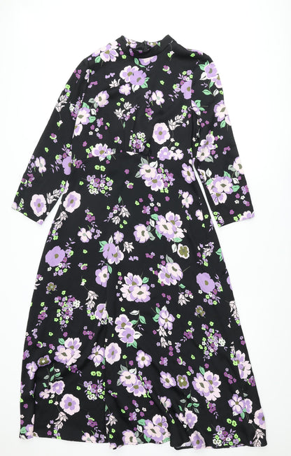 Marks and Spencer Womens Black Floral Polyester Maxi Size 10 Mock Neck Zip