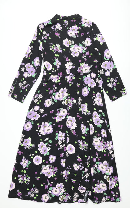 Marks and Spencer Womens Black Floral Polyester Maxi Size 10 Mock Neck Zip