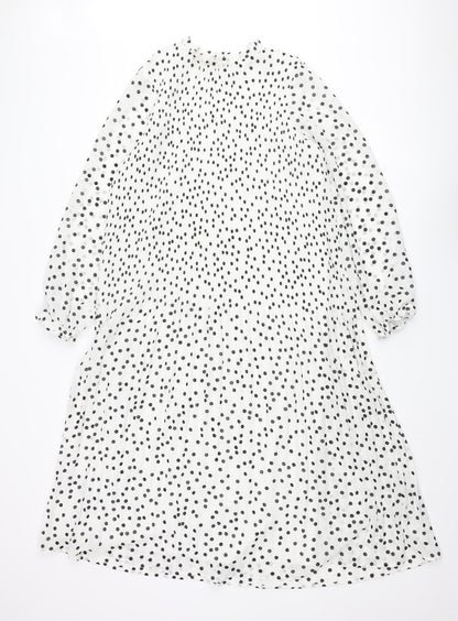 Warehouse Womens White Polka Dot Polyester Shift Size 10 Mock Neck Button - Pleated