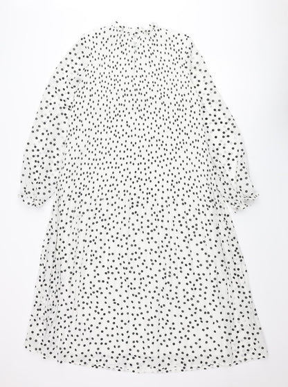 Warehouse Womens White Polka Dot Polyester Shift Size 10 Mock Neck Button - Pleated