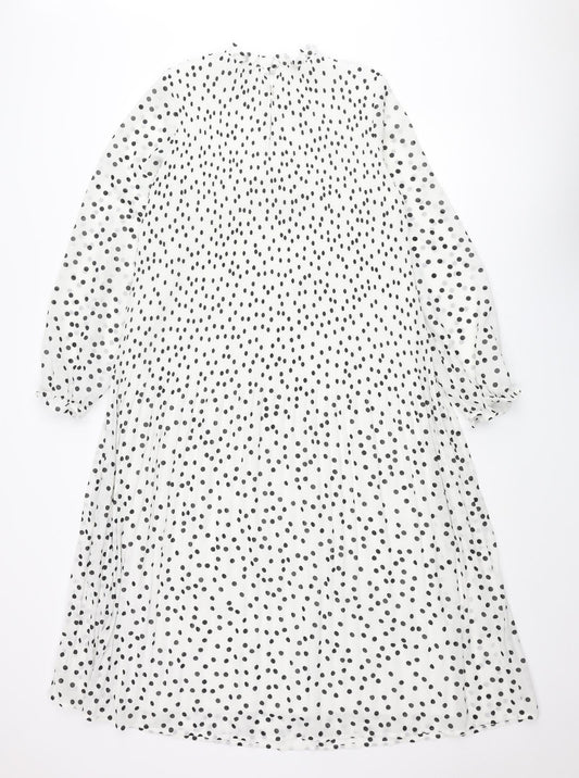 Warehouse Womens White Polka Dot Polyester Shift Size 10 Mock Neck Button - Pleated