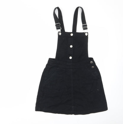 H&M Womens Black Cotton Pinafore/Dungaree Dress Size 6 Square Neck Button - Buckle, Pockets, Adjustable straps