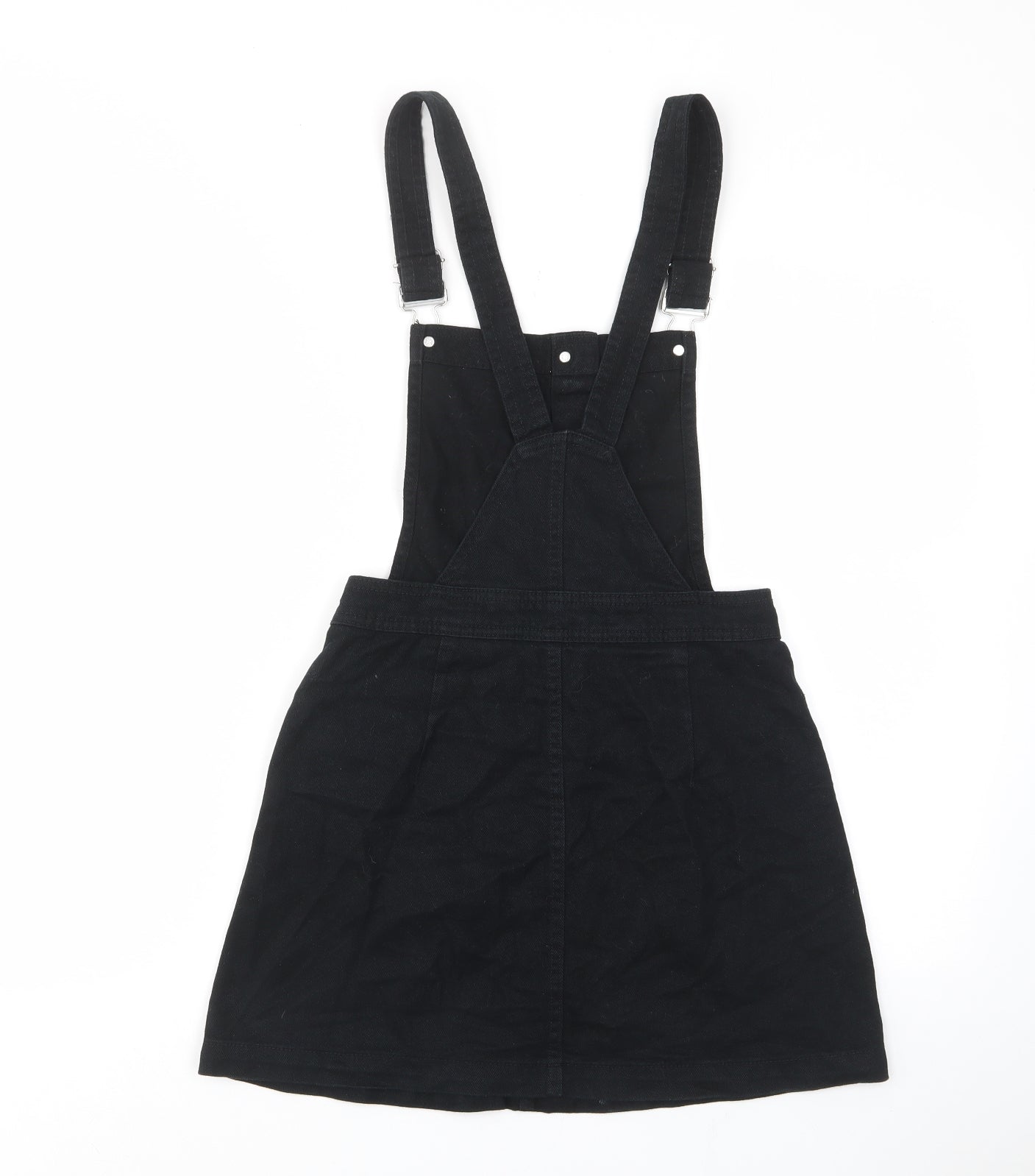 H&M Womens Black Cotton Pinafore/Dungaree Dress Size 6 Square Neck Button - Buckle, Pockets, Adjustable straps