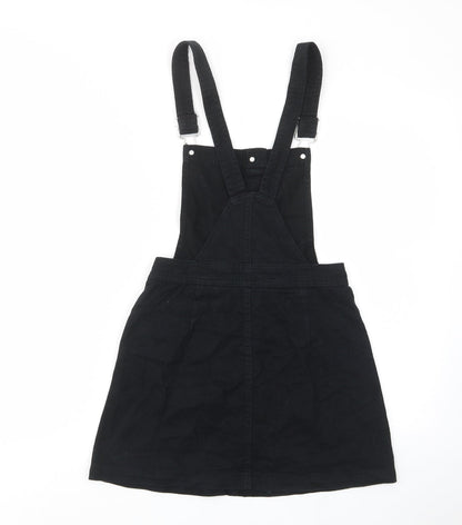 H&M Womens Black Cotton Pinafore/Dungaree Dress Size 6 Square Neck Button - Buckle, Pockets, Adjustable straps