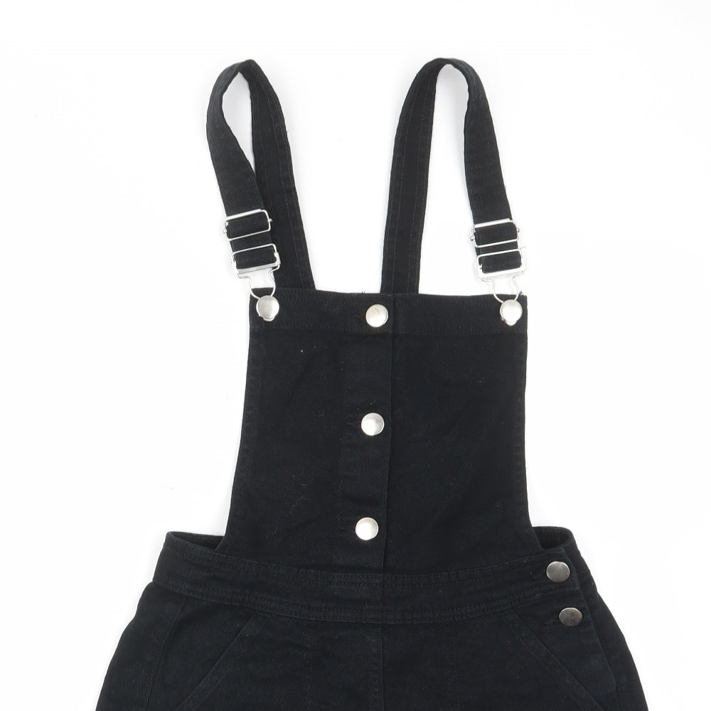 H&M Womens Black Cotton Pinafore/Dungaree Dress Size 6 Square Neck Button - Buckle, Pockets, Adjustable straps