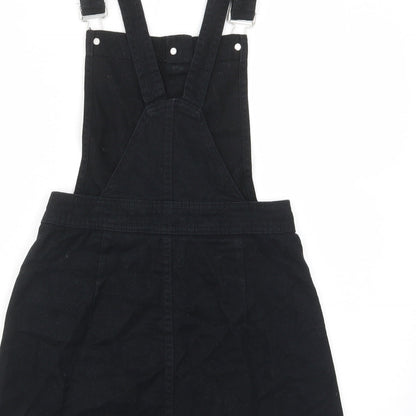 H&M Womens Black Cotton Pinafore/Dungaree Dress Size 6 Square Neck Button - Buckle, Pockets, Adjustable straps